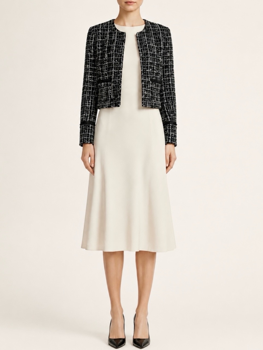 BOSS Hugo Boss Kalali Tweed Boucle Cropped Jacket Studded Black White US 8
